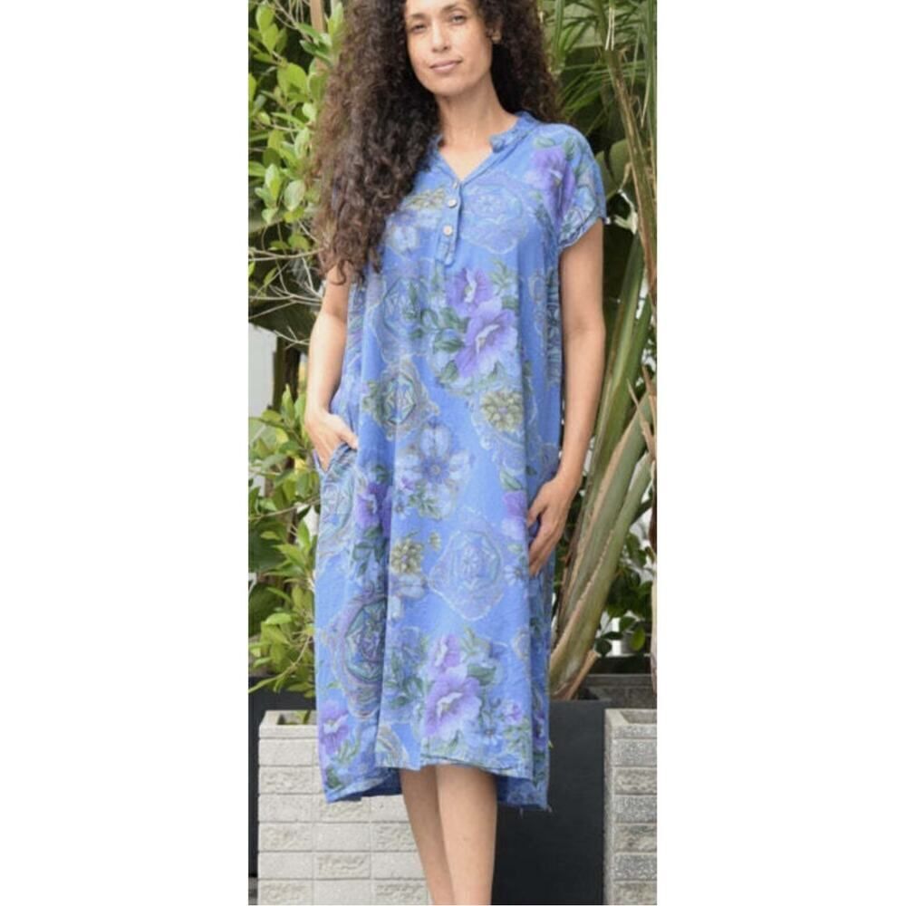SAGA Italy Blue Floral Linen Midi Dress Sz. O/S
